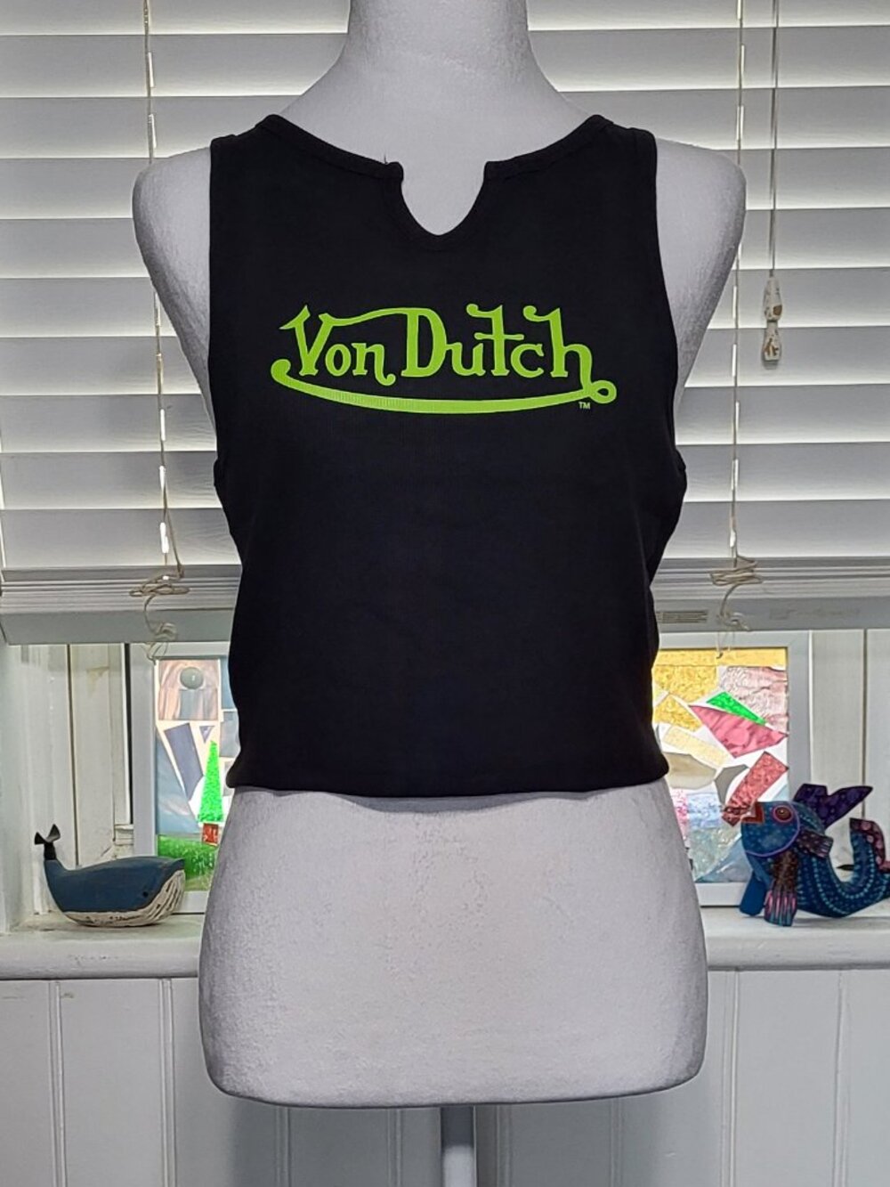 Von Dutch Black Ribbed Notch Neck Crop Tank Top